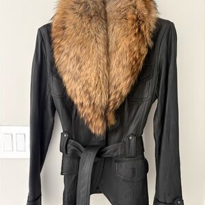 Women's Black Leather Jacket with removable  Fur Collar
